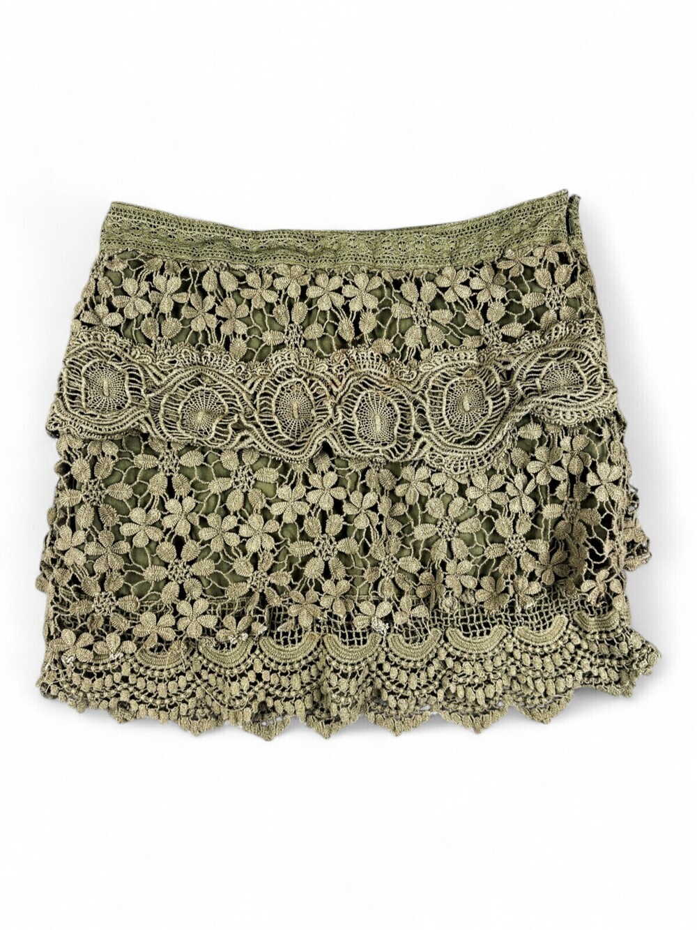 Free People Crochet Lace Mini Skirt Sz 2 Olive